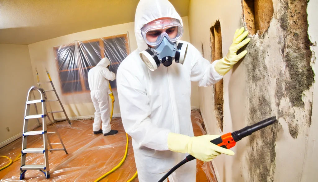 DALL·E 2024 09 13 21.39.37 A mold remediation technician working in a residential home. The technician is wearing protective gear including a white hazmat suit gloves goggles