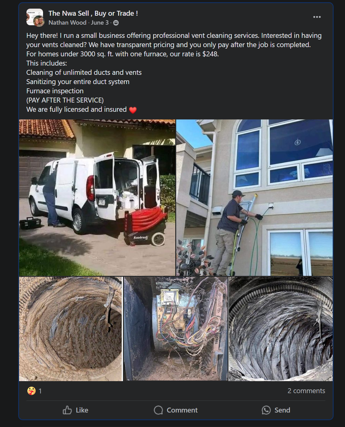 scam posts on facebook for duct cleaning