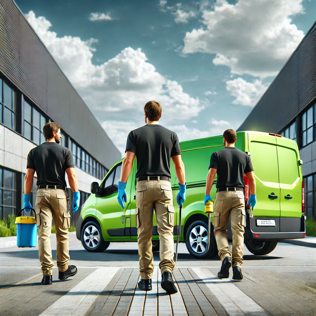 dall e 2024 10 07 21.09.20 a realistic image of a group of three workers wearing khaki pants and black shirts walking towards a bright green van parked outside a modern industr