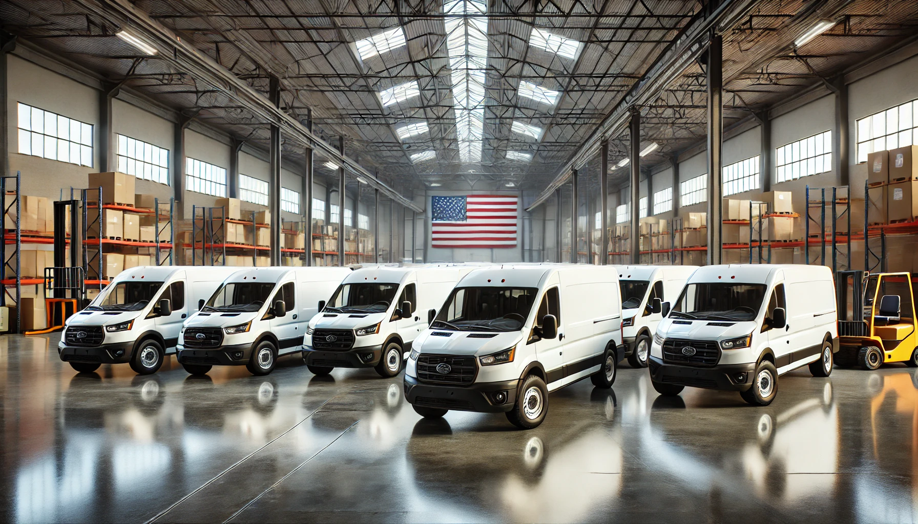 dall e 2024 10 07 21.14.15 a realistic image depicting a series of white vans parked inside a spacious industrial garage. the vans are arranged in a line on a shiny concrete flo