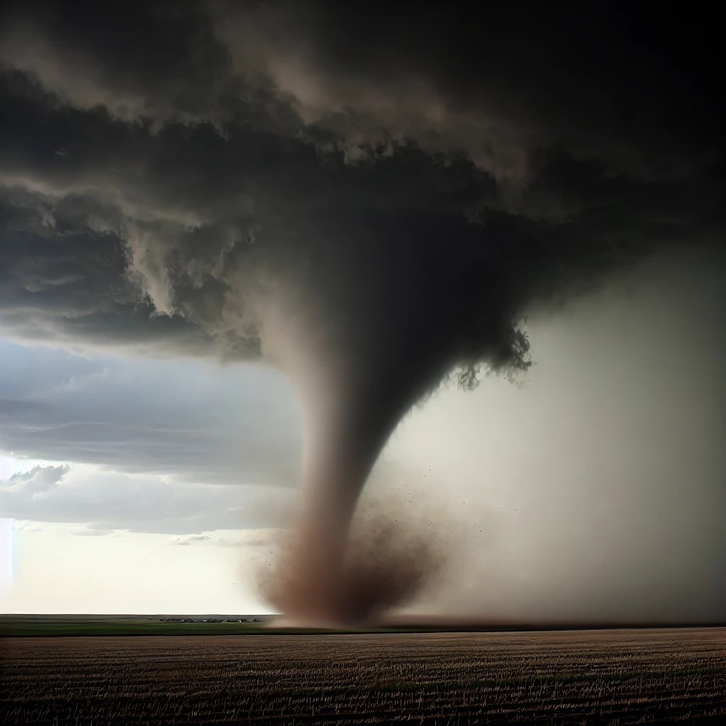 dall e 2024 10 19 22.41.09 a dramatic photograph capturing a large tornado in the distance swirling menacingly across a vast open landscape. the sky is dark and stormy with om